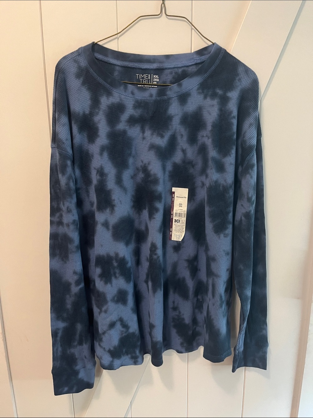 Time and Tru Navy and Slate Blue Tie-Dye Waffle Long Sleeve Top
